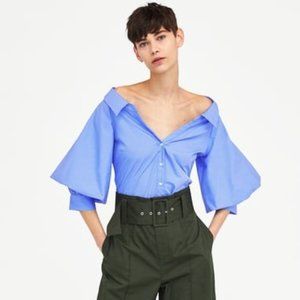 NWT Zara Blue Off Shoulder Puff Sleeve Top S